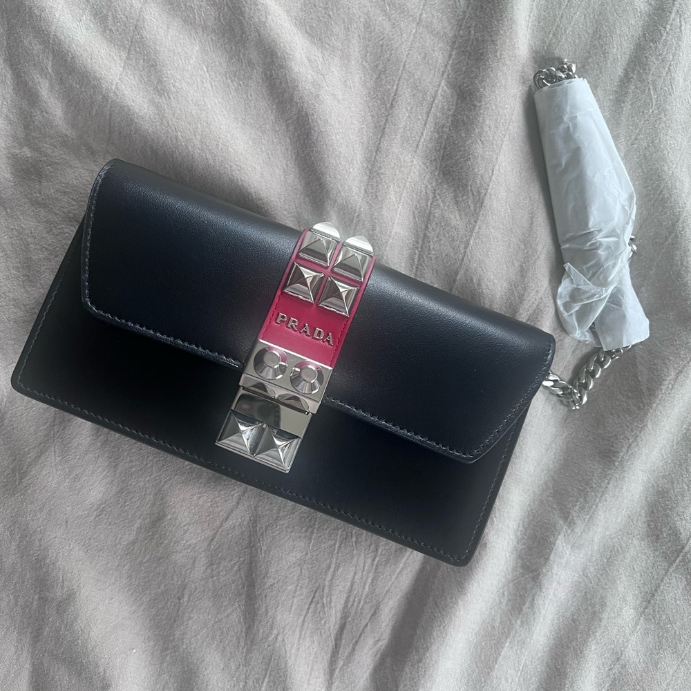 Prada Black Leather Clutch with Silver Accents